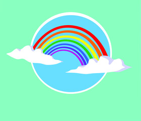 Rainbow in clouds, 2d vector drawing, sticker.