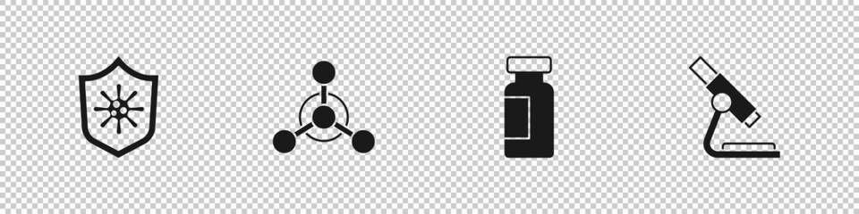 Set Shield protecting from virus, Molecule, Test tube and flask and Microscope icon. Vector
