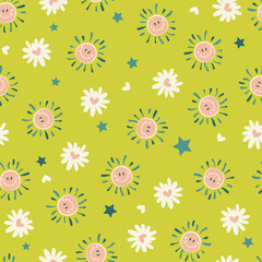 Fototapeta na wymiar Sunny Sunshine Cheerful Spring Summer Kids Vector Seamless Pattern