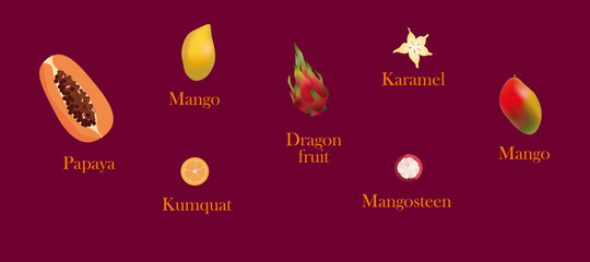 set of exotic fruits on burgundy background with lettering