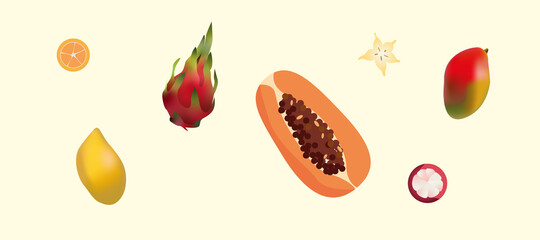 set of exotic fruits on lemon background