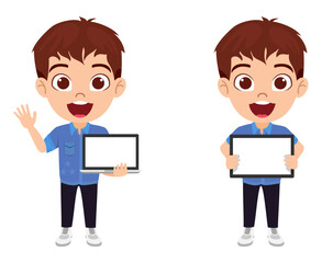 Happy cute kid boy character standing with blank laptop and tablet screen