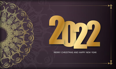Template Greeting card 2022 Merry Christmas and Happy New Year burgundy color with abstract gold pattern