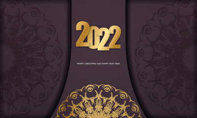 Template Greeting card 2022 Merry Christmas and Happy New Year burgundy color with abstract gold ornament