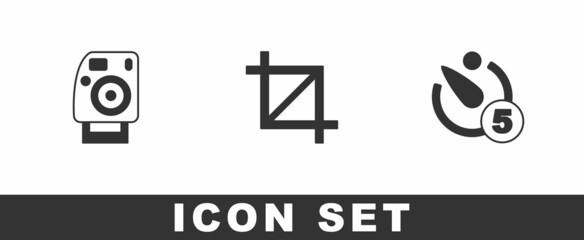 Set Photo camera, Picture crop photo and Camera timer icon. Vector