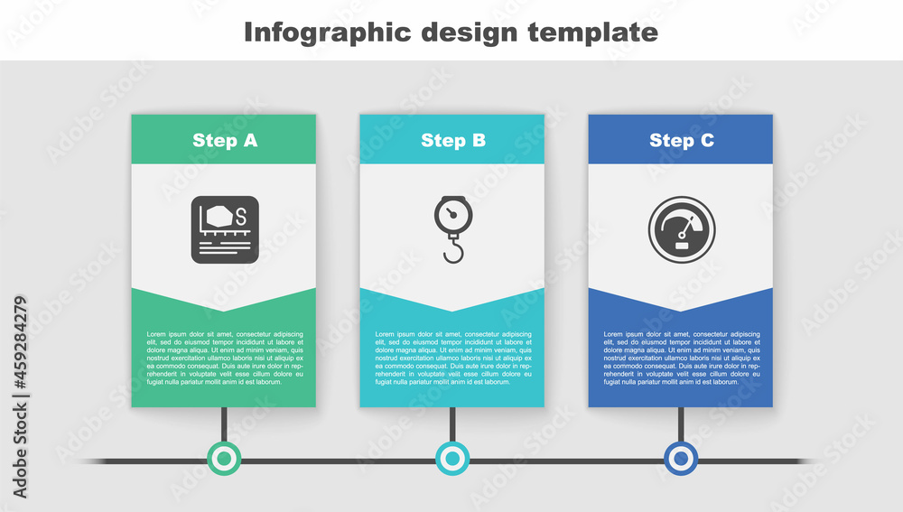 Poster set area measurement, hand scale spring mechanical and speedometer. business infographic template. v