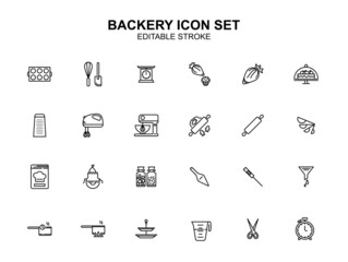 Bakery utensils vector icon set. Editable stroke. Home baker tools illustration. Spoon, fork, knife, scissors, brush, whisk, cutter, spatula and etc. Minimal linear design.