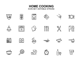 Home Cooking vector icon set. Editable stroke. Kitchen tools illustration. Spoon, fork, knife, scissors, brush, whisk, cutter, spatula and etc. Minimal linear design.