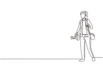 Single continuous line drawing woman hipster photographer with holding camera in photo studio. Photographer female using professional camera in the studio. One line draw design vector illustration