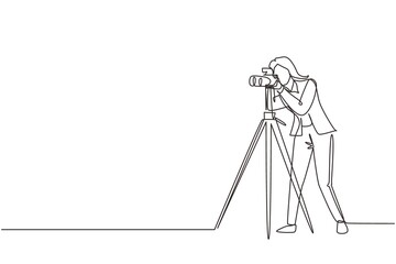 Single continuous line drawing woman paparazzi design concept with photographer shooting appearance of show business stars or other celebrities with tripod. One line draw design vector illustration