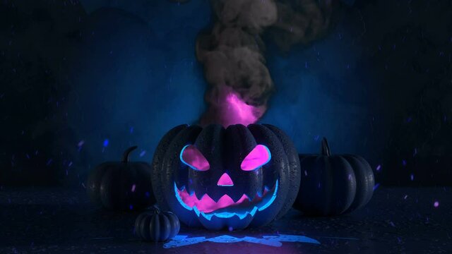 Halloween decorations concept at night. 3d neon scene with a burning pumpkin for halloween