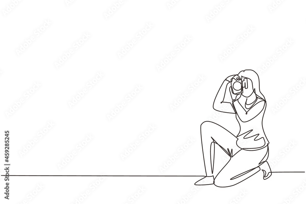 Poster continuous one line drawing happy photographer is taking photo using dslr camera. female character s