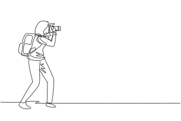 Single one line drawing woman photographer or paparazzi taking photo with modern digital cameras with angles. Journalists or reporters with backpack making pictures. Continuous line draw design vector