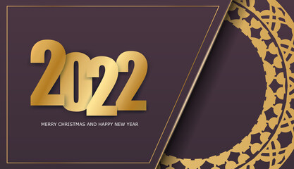 2022 Happy New Year Greeting Brochure Template Burgundy Color Luxury Gold Ornament