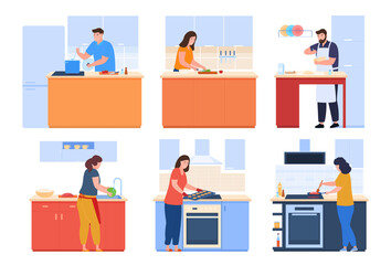 People cooking at kitchen set vector flat illustration. Smiling man woman preparing homemade meals