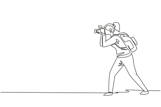Single continuous line drawing woman journalist or reporter with backpack making pictures. Photographers of paparazzi taking photo with digital cameras dslr. One line draw design vector illustration