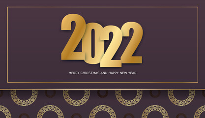 Template Greeting Brochure 2022 Happy New Year burgundy color with abstract gold pattern