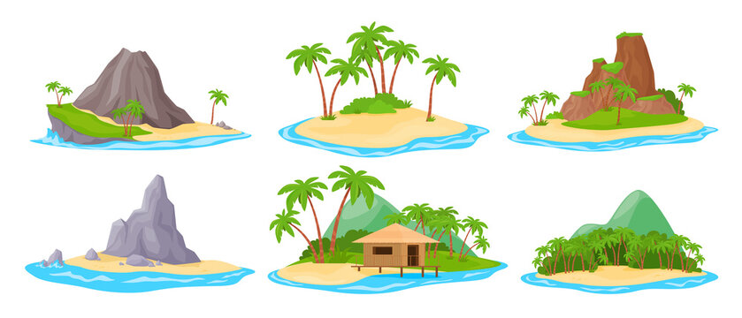 Tropical island at sea ocean set vector. Exotic landscape for vacation or summer weekend holiday