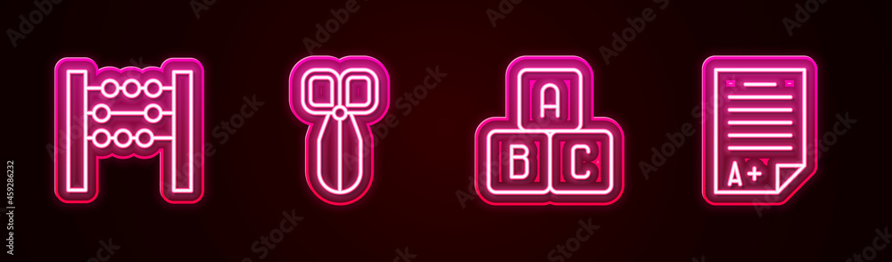 Poster set line abacus, scissors, abc blocks and exam sheet with plus grade. glowing neon icon. vector