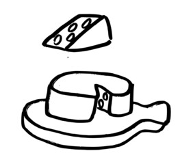 Cheese on a cutting board. Dairy products. Cheddar cheese, whole cheese and portion. Hand drawn ink strokes style vector illustration isolated on white background.