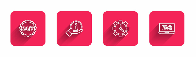 Set line Clock 24 hours, Information, Time Management and Laptop and FAQ with long shadow. Red square button. Vector