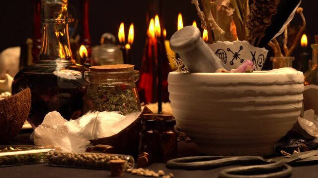 Mortar and pestle witchcraft alchemy still life selective focus, witch craft pharmacy and medicine. Spiritual occultism chemistry, magic alchemy and ritual arrangement.