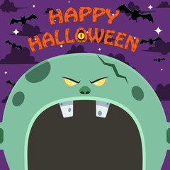 Halloween Character Design. With Grey Zombie Character. Big Face and Open Mouth. In Grave field
