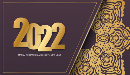 2022 merry christmas and happy new year burgundy color flyer with luxury gold ornament