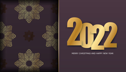 2022 merry christmas and happy new year burgundy color flyer with vintage gold ornament