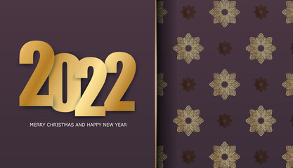 2022 merry christmas burgundy color flyer with vintage gold pattern