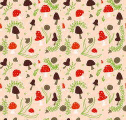 Seamless pattern with mushrooms and leaves. Vector background from forest mushrooms.
