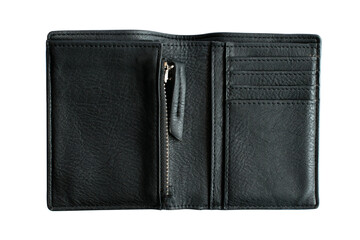 open empty black leather wallet isolated on white background with clipping part