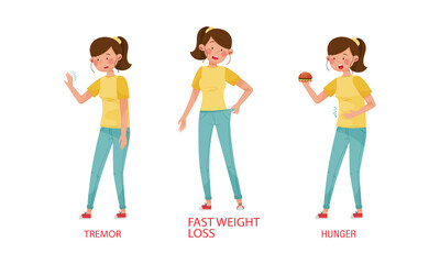 Obraz premium Diabetes symptoms set. tremor, fast weight loss, hunger vector illustration