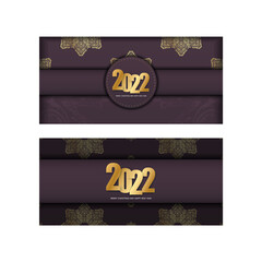2022 holiday card merry christmas and happy new year burgundy color with winter gold ornament