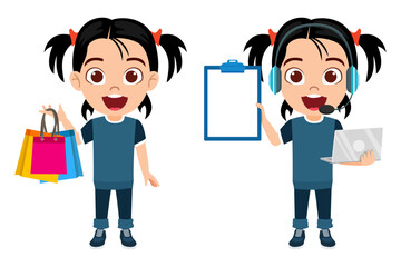 Happy kid girl character standing and pointing blank clipboard and shopping bag