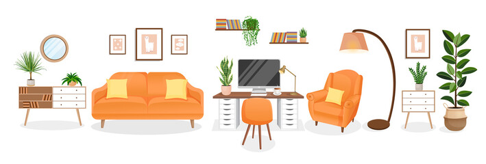Design of a cozy room for working from home. Office with computer, workplace room, cabinet. Modern living room interior with furniture and house plants. Vector flat style illustration.