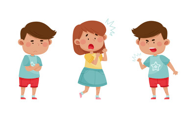 Cute kids emotions set. Children with different face expressions. Offended, scared, angry boys and girl cartoon vector illustration