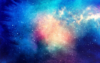 Naklejka premium Cosmic illustration. Beautiful colorful space background. Watercolor Cosmos