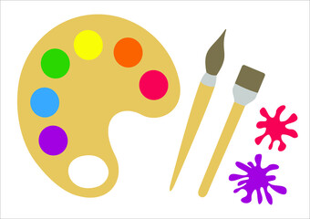 paint palette with brushes vector, wooden drip palette and paint brushes with drops of paint