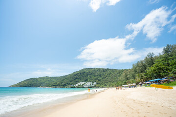 Amazing palms on island blue sky and clouds background. sun light in summer