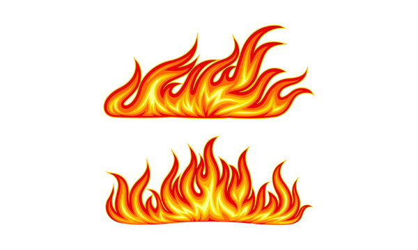 Set of burning bright red and orange fire flames vector illustration on white background