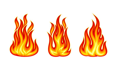 Burning bonfires set. Bright red and orange fire flame vector illustration on white background