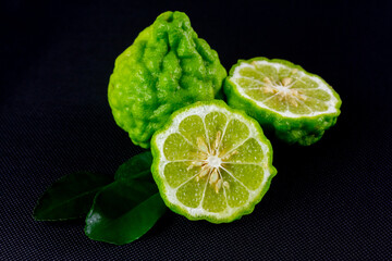 Bergamot fruit on black background. Bergamot is ingredient in asean food and is herb for body care.