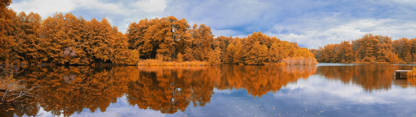 Autumn landscape lake and reflection of trees in water panoramic banner