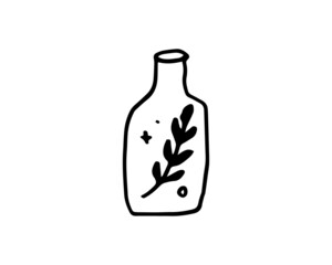 bottle element image with a leaf inside that can be used for decoration. a black color vector illustration on a white background.