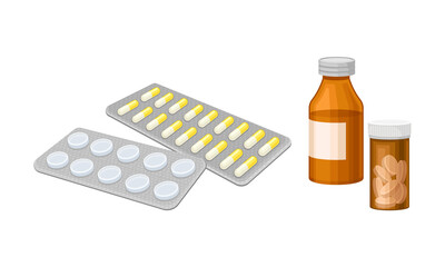 Set of different medical tools. Pills and tablets vector illustration