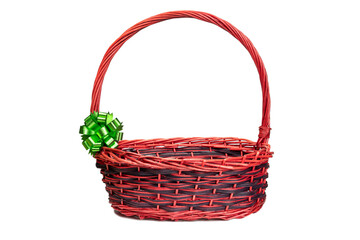 Fototapeta na wymiar Red basket with green ribbon on white background