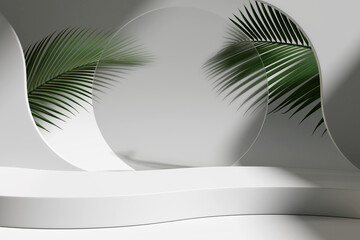 White product display podium with nature leaves. 3D rendering	