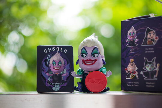 Bangkok, Thailand - September 26, 2021 : Cute figurine of Ursula animated feature film The Little Mermaid, toy in blind box collection, Disney Series Queen Mother Villain from Miniso shop