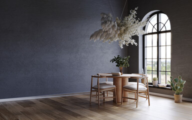 Black interior with dark concrete walls, arch window and flower cloud over the wooden table, 3d render